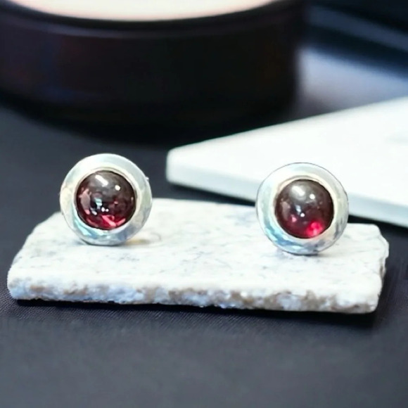 Magenta Garnet Cabochon Sterling Silver Post Earrings - Picture 2 of 6